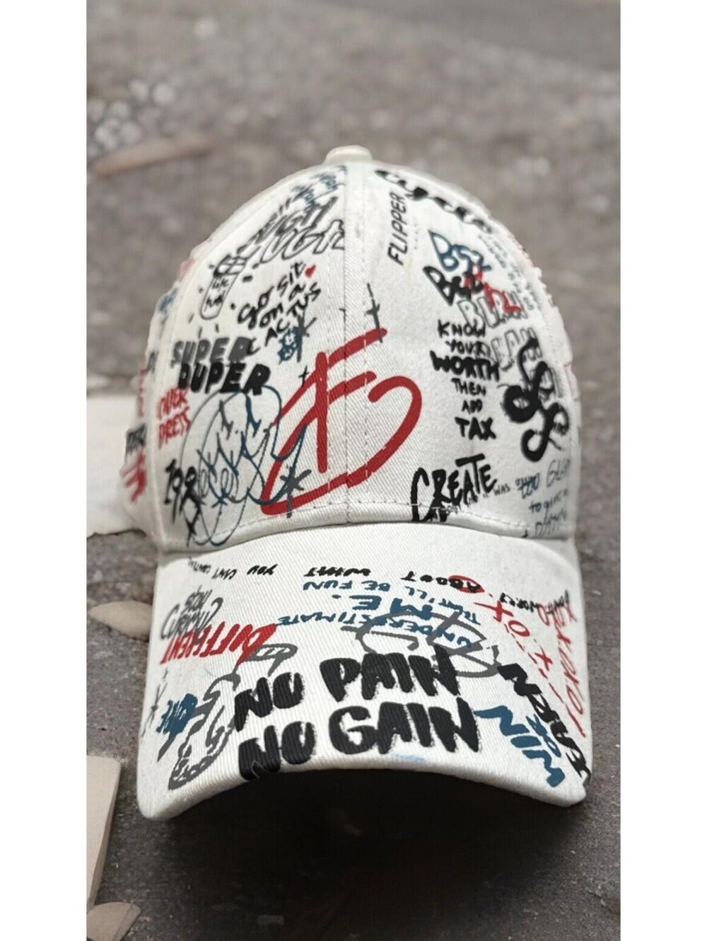 Flipper Designer Graffiti Doodle Spray Paint No Pain No Gain White Baseball Cap
